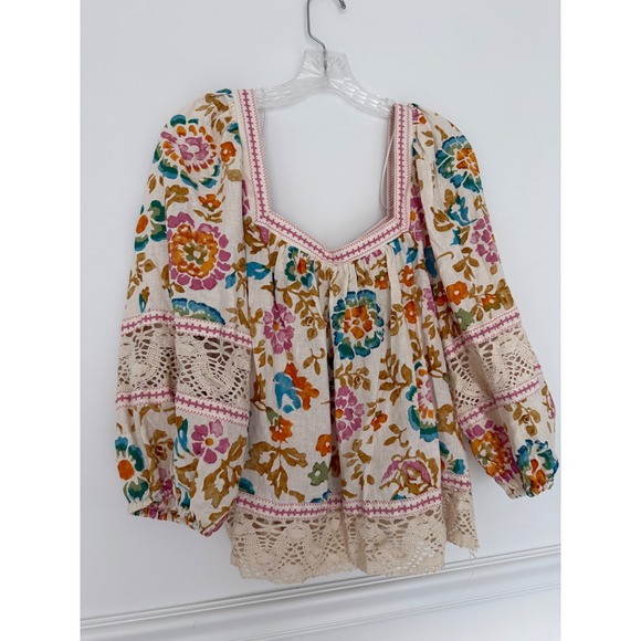 Floral Linen Blend Crochet Puff Sleeve Blouse XL Multicolor Fairycore boho - Picture 11 of 11